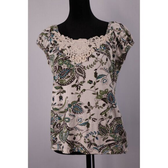 JKLA California Women's Floral Print Lace Trim Top Medium‎ White & Green - Picture 2 of 8